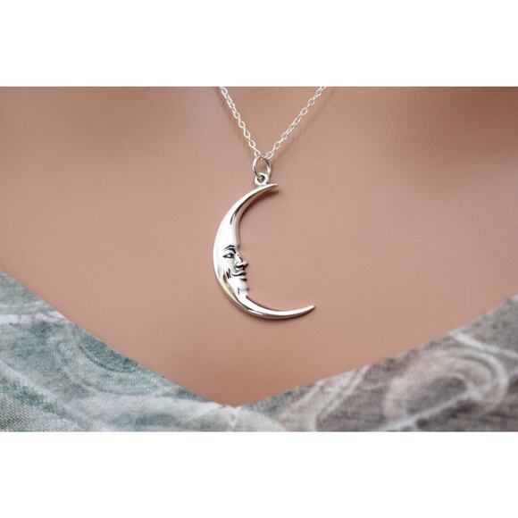 Jewelry - Sterling Silver Large Smiling Moon Pendant, Silver Large Smiling Moon Charm